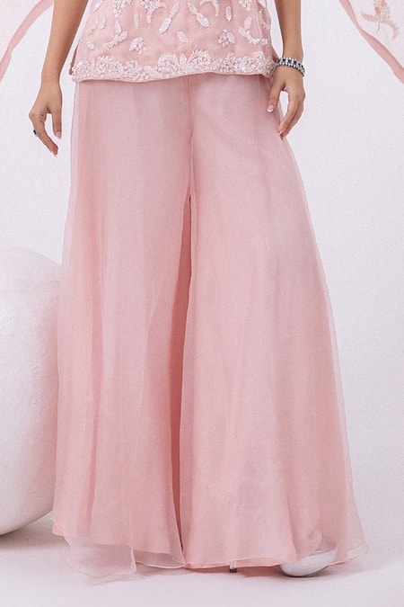 Shop_Mehak Sharma_Pink Organza Pearls, Sequins Asymmetric Embroidered Kurta And Sharara Set _Online_at_Aza_Fashions