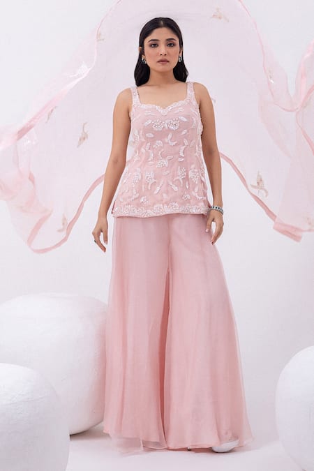 Mehak Sharma_Pink Organza Pearls, Sequins Asymmetric Embroidered Kurta And Sharara Set _at_Aza_Fashions