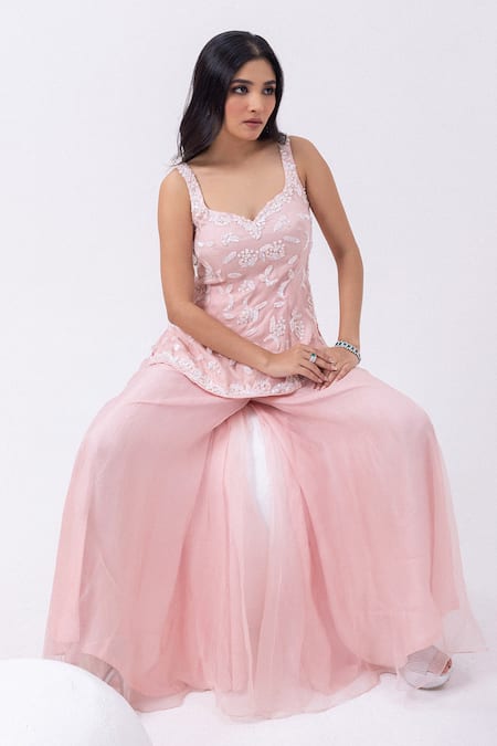Buy_Mehak Sharma_Pink Organza Pearls, Sequins Asymmetric Embroidered Kurta And Sharara Set 