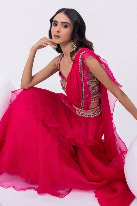 Mehak Sharma Red Chiffon, Organza Sequins, Cut Work, Embroidery Cutdana Pre-draped Saree Set Online at Aza Fashions Mehak Sharma_Red Chiffon, Organza Sequins, Cut Work, Embroidery Cutdana Pre-draped Saree Set _Online_at_Aza_Fashions