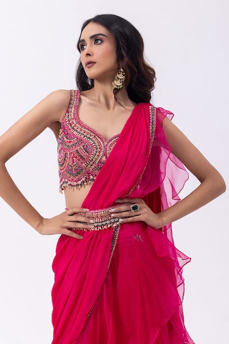 Shop Mehak Sharma Red Chiffon, Organza Sequins, Cut Work, Embroidery Cutdana Pre-draped Saree Set Online at Aza Fashions Shop_Mehak Sharma_Red Chiffon, Organza Sequins, Cut Work, Embroidery Cutdana Pre-draped Saree Set _Online_at_Aza_Fashions