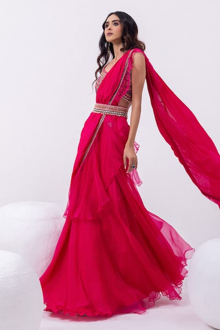 Mehak Sharma Red Chiffon, Organza Sequins, Cut Work, Embroidery Cutdana Pre-draped Saree Set at Aza Fashions Mehak Sharma_Red Chiffon, Organza Sequins, Cut Work, Embroidery Cutdana Pre-draped Saree Set _at_Aza_Fashions