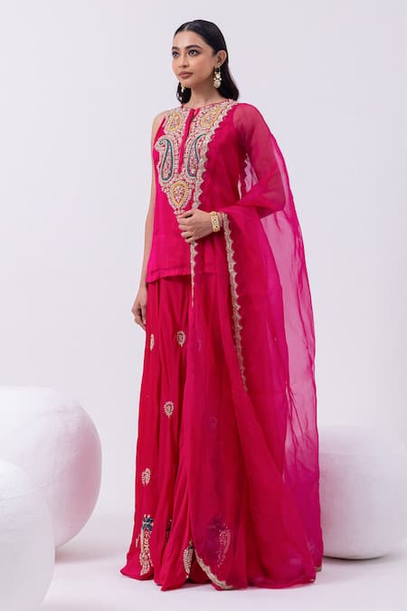 Mehak Sharma_Red Organza, Satin Sequins, Cut Work, Zari Round Embroidered Kurta And Sharara Set _Online_at_Aza_Fashions