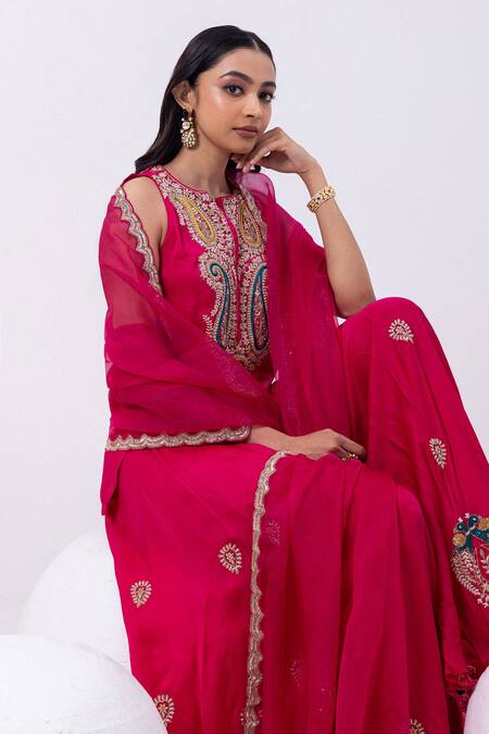 Buy_Mehak Sharma_Red Organza, Satin Sequins, Cut Work, Zari Round Embroidered Kurta And Sharara Set _Online_at_Aza_Fashions