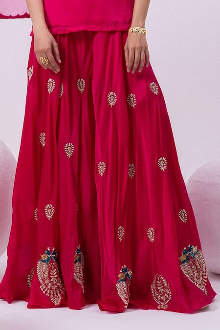 Shop_Mehak Sharma_Red Organza, Satin Sequins, Cut Work, Zari Round Embroidered Kurta And Sharara Set _Online_at_Aza_Fashions