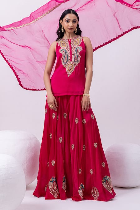Mehak Sharma_Red Organza, Satin Sequins, Cut Work, Zari Round Embroidered Kurta And Sharara Set _at_Aza_Fashions