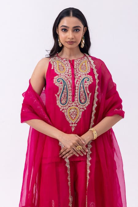 Shop_Mehak Sharma_Red Organza, Satin Sequins, Cut Work, Zari Round Embroidered Kurta And Sharara Set 