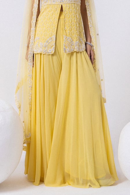 Mehak Sharma_Yellow Tulle, Georgette Pearls, Cut Floral Embroidered Kurta And Sharara Set _Online_at_Aza_Fashions