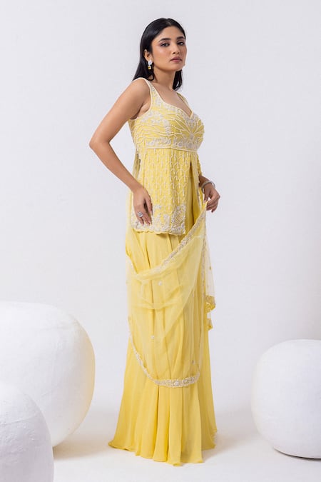 Buy_Mehak Sharma_Yellow Tulle, Georgette Pearls, Cut Floral Embroidered Kurta And Sharara Set _Online_at_Aza_Fashions