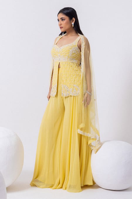 Shop_Mehak Sharma_Yellow Tulle, Georgette Pearls, Cut Floral Embroidered Kurta And Sharara Set _Online_at_Aza_Fashions