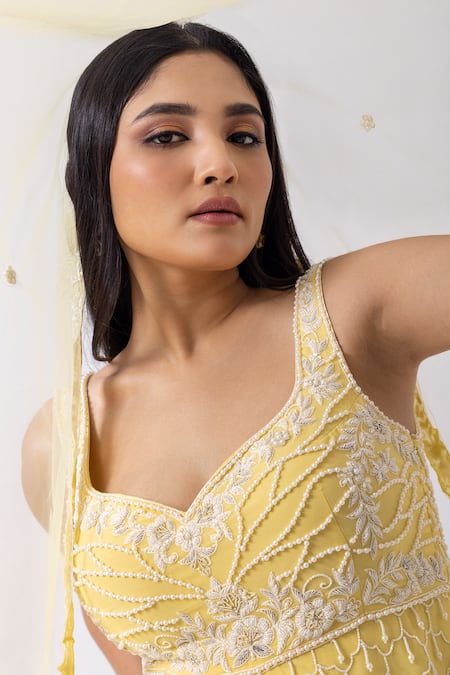Mehak Sharma_Yellow Tulle, Georgette Pearls, Cut Floral Embroidered Kurta And Sharara Set _at_Aza_Fashions