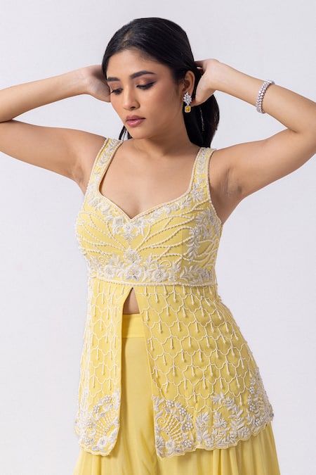 Buy_Mehak Sharma_Yellow Tulle, Georgette Pearls, Cut Floral Embroidered Kurta And Sharara Set 