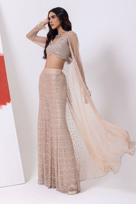 Shop Mehak Sharma Pink Tulle Sequins, Cut Work, Pearls Cutdana Embroidered Cape And Sharara Set Online at Aza Fashions Shop_Mehak Sharma_Pink Tulle Sequins, Cut Work, Pearls Cutdana Embroidered Cape And Sharara Set _Online_at_Aza_Fashions
