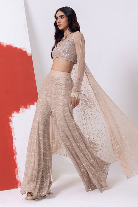 Buy Mehak Sharma Pink Tulle Sequins, Cut Work, Pearls Cutdana Embroidered Cape And Sharara Set Buy_Mehak Sharma_Pink Tulle Sequins, Cut Work, Pearls Cutdana Embroidered Cape And Sharara Set