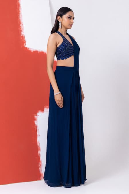 Mehak Sharma_Blue Georgette Cut Work, Embroidery Halter Neck Abstract Pre-draped Saree Set _at_Aza_Fashions