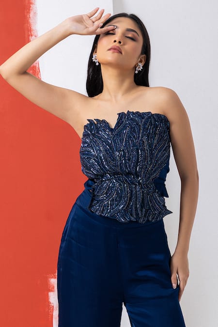 Mehak Sharma Blue Satin Sequins, Pearls Off-shoulder Pageant Embroidered Bustier And Set Online at Aza Fashions Mehak Sharma_Blue Satin Sequins, Pearls Off-shoulder Pageant Embroidered Bustier And Set _Online_at_Aza_Fashions