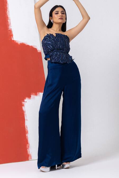 Shop Mehak Sharma Blue Satin Sequins, Pearls Off-shoulder Pageant Embroidered Bustier And Set Online at Aza Fashions Shop_Mehak Sharma_Blue Satin Sequins, Pearls Off-shoulder Pageant Embroidered Bustier And Set _Online_at_Aza_Fashions