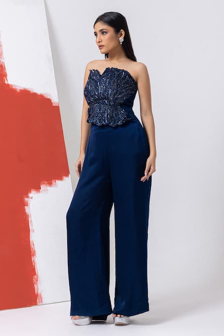 Mehak Sharma Blue Satin Sequins, Pearls Off-shoulder Pageant Embroidered Bustier And Set at Aza Fashions Mehak Sharma_Blue Satin Sequins, Pearls Off-shoulder Pageant Embroidered Bustier And Set _at_Aza_Fashions