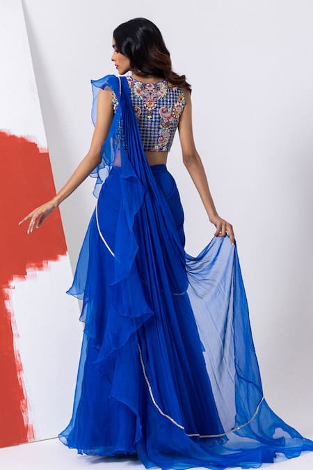 Mehak Sharma Blue Floral Cutdana Embroidered Pre-Draped Saree Set 