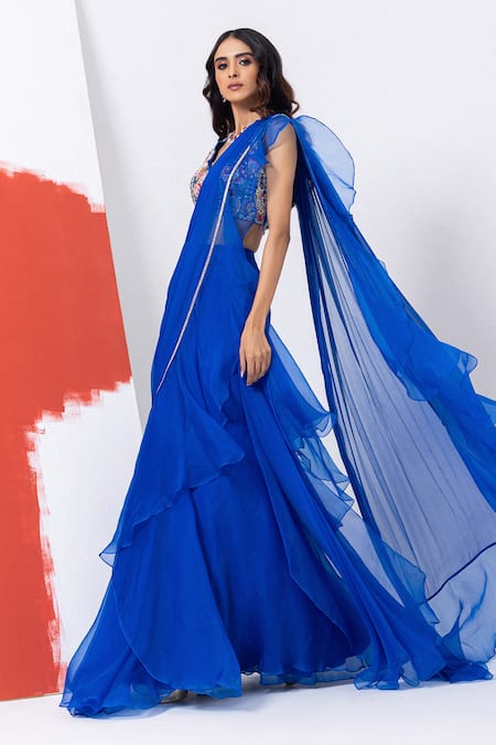 Mehak Sharma_Blue Organza, Chiffon Cut Work, Sequins, Floral Cutdana Pre-draped Saree Set _Online_at_Aza_Fashions