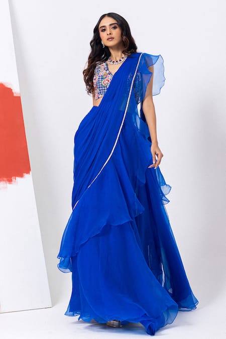 Shop_Mehak Sharma_Blue Organza, Chiffon Cut Work, Sequins, Floral Cutdana Pre-draped Saree Set _Online_at_Aza_Fashions