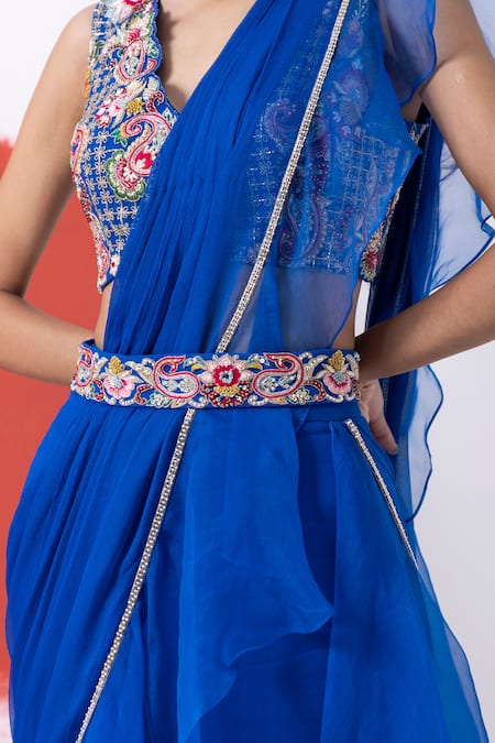 Mehak Sharma_Blue Organza, Chiffon Cut Work, Sequins, Floral Cutdana Pre-draped Saree Set _at_Aza_Fashions