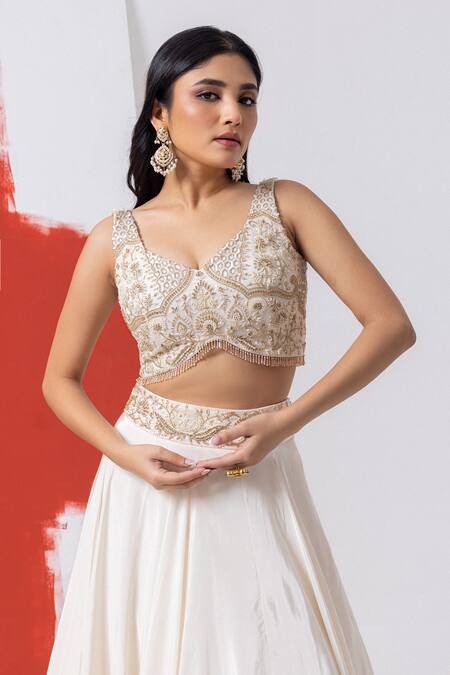 Mehak Sharma_Ivory Organza, Crepe Sequins, Pearls, Cut Floral Cutdana Embroidered Lehenga Set _Online_at_Aza_Fashions