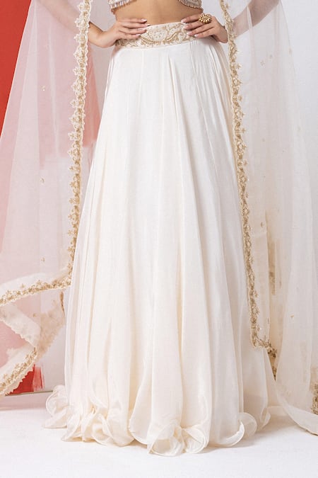 Shop_Mehak Sharma_Ivory Organza, Crepe Sequins, Pearls, Cut Floral Cutdana Embroidered Lehenga Set _Online_at_Aza_Fashions