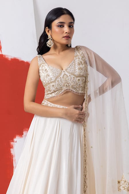 Mehak Sharma_Ivory Organza, Crepe Sequins, Pearls, Cut Floral Cutdana Embroidered Lehenga Set _at_Aza_Fashions