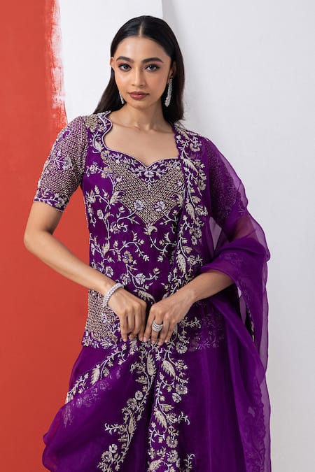 Mehak Sharma_Purple Organza Cut Work, Sequins, Embroidery Floral Cutdana Kurta Set _Online_at_Aza_Fashions