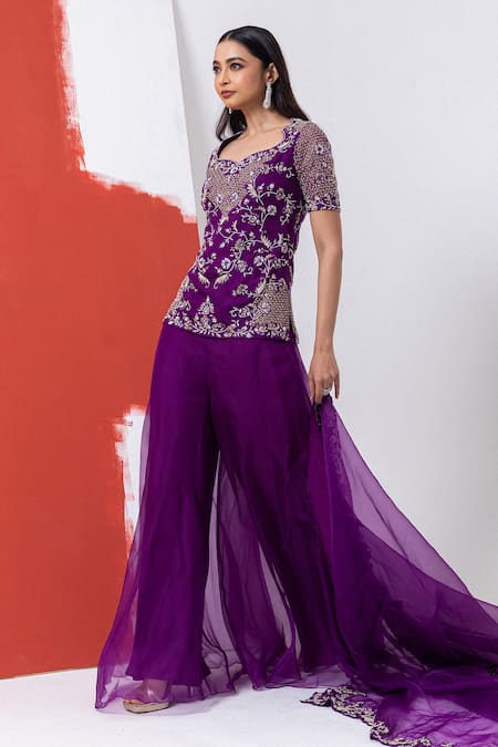 Buy_Mehak Sharma_Purple Organza Cut Work, Sequins, Embroidery Floral Cutdana Kurta Set _Online_at_Aza_Fashions