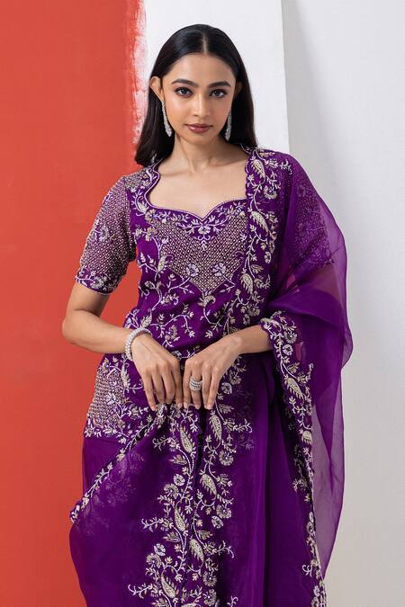 Shop_Mehak Sharma_Purple Organza Cut Work, Sequins, Embroidery Floral Cutdana Kurta Set _Online_at_Aza_Fashions