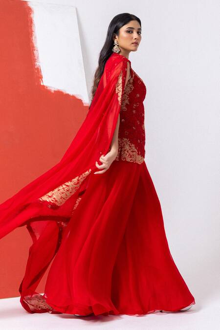 Mehak Sharma Red Organza Embroidery Round Neck Floral Zari Kurta And Sharara Set Online at Aza Fashions Mehak Sharma_Red Organza Embroidery Round Neck Floral Zari Kurta And Sharara Set _Online_at_Aza_Fashions