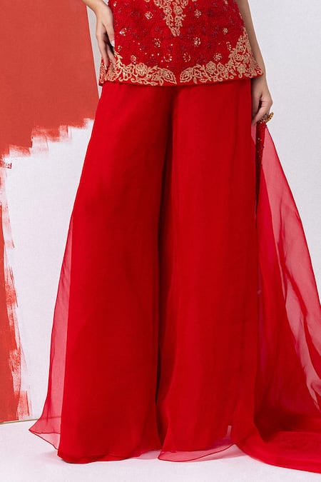 Buy Mehak Sharma Red Organza Embroidery Round Neck Floral Zari Kurta And Sharara Set Online at Aza Fashions Buy_Mehak Sharma_Red Organza Embroidery Round Neck Floral Zari Kurta And Sharara Set _Online_at_Aza_Fashions