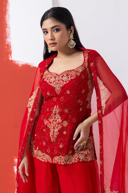 Shop Mehak Sharma Red Organza Embroidery Round Neck Floral Zari Kurta And Sharara Set Online at Aza Fashions Shop_Mehak Sharma_Red Organza Embroidery Round Neck Floral Zari Kurta And Sharara Set _Online_at_Aza_Fashions