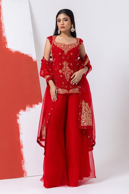 Mehak Sharma Red Organza Embroidery Round Neck Floral Zari Kurta And Sharara Set at Aza Fashions Mehak Sharma_Red Organza Embroidery Round Neck Floral Zari Kurta And Sharara Set _at_Aza_Fashions
