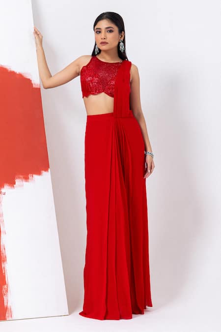 Mehak Sharma Red Organza, Georgette Cut Work, Sequins, Cutdana Pre-draped Saree Set Online at Aza Fashions Mehak Sharma_Red Organza, Georgette Cut Work, Sequins, Cutdana Pre-draped Saree Set _Online_at_Aza_Fashions