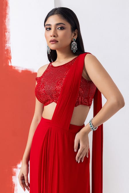 Buy Mehak Sharma Red Organza, Georgette Cut Work, Sequins, Cutdana Pre-draped Saree Set Online at Aza Fashions Buy_Mehak Sharma_Red Organza, Georgette Cut Work, Sequins, Cutdana Pre-draped Saree Set _Online_at_Aza_Fashions