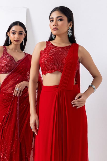 Shop Mehak Sharma Red Organza, Georgette Cut Work, Sequins, Cutdana Pre-draped Saree Set Online at Aza Fashions Shop_Mehak Sharma_Red Organza, Georgette Cut Work, Sequins, Cutdana Pre-draped Saree Set _Online_at_Aza_Fashions