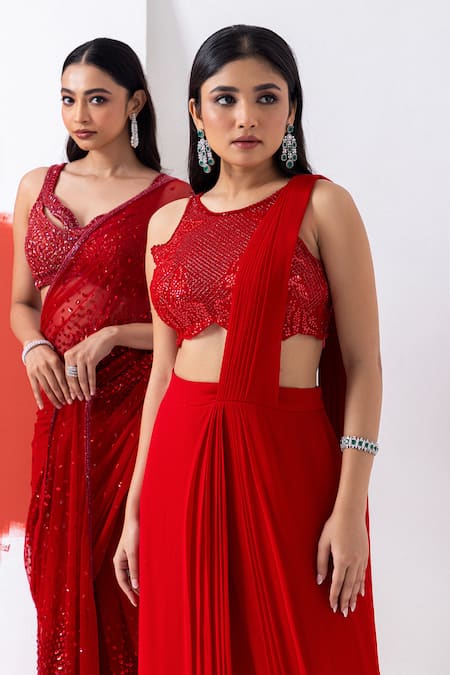 Mehak Sharma Red Organza, Georgette Cut Work, Sequins, Cutdana Pre-draped Saree Set at Aza Fashions Mehak Sharma_Red Organza, Georgette Cut Work, Sequins, Cutdana Pre-draped Saree Set _at_Aza_Fashions