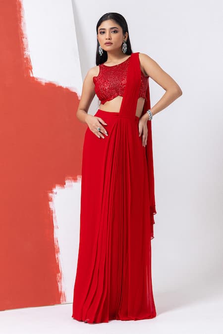 Buy Mehak Sharma Red Organza, Georgette Cut Work, Sequins, Cutdana Pre-draped Saree Set Buy_Mehak Sharma_Red Organza, Georgette Cut Work, Sequins, Cutdana Pre-draped Saree Set