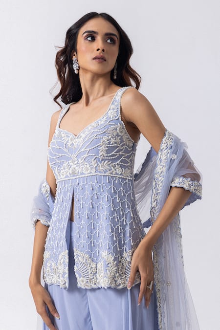 Mehak Sharma_Blue Georgette, Tulle Cut Work, Sequins, Floral Embroidered Kurta And Sharara Set _Online_at_Aza_Fashions