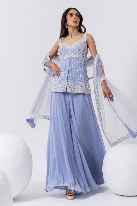 Shop_Mehak Sharma_Blue Georgette, Tulle Cut Work, Sequins, Floral Embroidered Kurta And Sharara Set _Online_at_Aza_Fashions