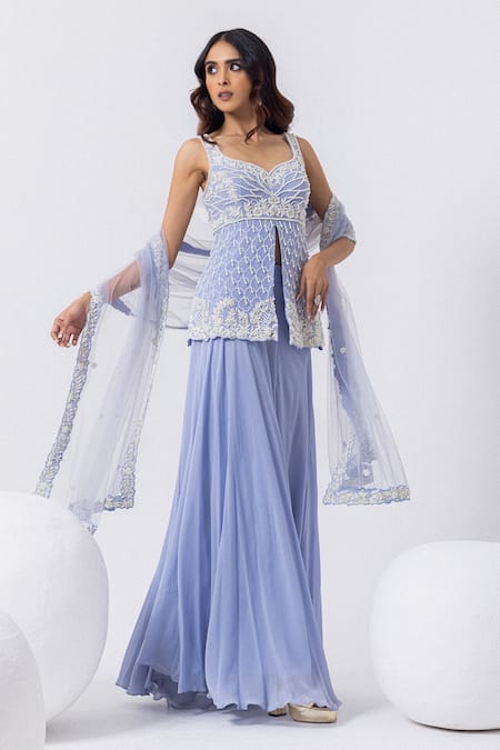 Mehak Sharma_Blue Georgette, Tulle Cut Work, Sequins, Floral Embroidered Kurta And Sharara Set _at_Aza_Fashions