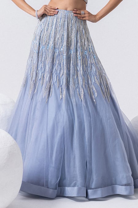 Mehak Sharma Blue Organza Embroidery, Cut Work, Sequins V-neck 3d Cutdana Lehenga Set Online at Aza Fashions Mehak Sharma_Blue Organza Embroidery, Cut Work, Sequins V-neck 3d Cutdana Lehenga Set _Online_at_Aza_Fashions