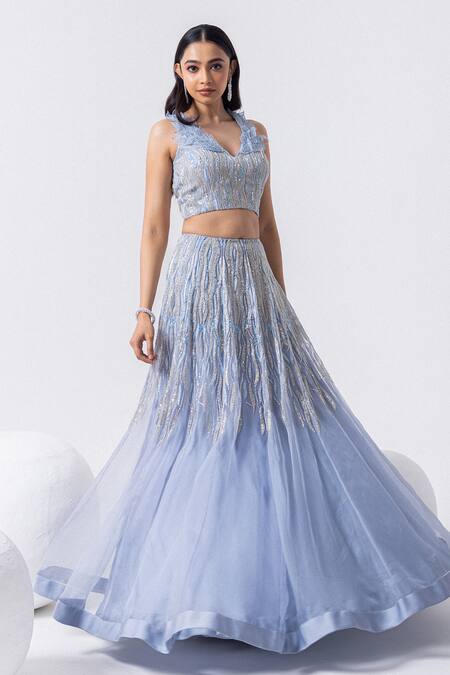 Buy Mehak Sharma Blue Organza Embroidery, Cut Work, Sequins V-neck 3d Cutdana Lehenga Set Online at Aza Fashions Buy_Mehak Sharma_Blue Organza Embroidery, Cut Work, Sequins V-neck 3d Cutdana Lehenga Set _Online_at_Aza_Fashions