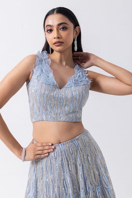 Shop Mehak Sharma Blue Organza Embroidery, Cut Work, Sequins V-neck 3d Cutdana Lehenga Set Online at Aza Fashions Shop_Mehak Sharma_Blue Organza Embroidery, Cut Work, Sequins V-neck 3d Cutdana Lehenga Set _Online_at_Aza_Fashions