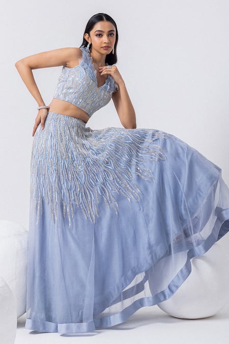 Mehak Sharma Blue Organza Embroidery, Cut Work, Sequins V-neck 3d Cutdana Lehenga Set at Aza Fashions Mehak Sharma_Blue Organza Embroidery, Cut Work, Sequins V-neck 3d Cutdana Lehenga Set _at_Aza_Fashions