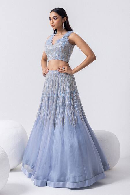 Buy Mehak Sharma Blue Organza Embroidery, Cut Work, Sequins V-neck 3d Cutdana Lehenga Set Buy_Mehak Sharma_Blue Organza Embroidery, Cut Work, Sequins V-neck 3d Cutdana Lehenga Set