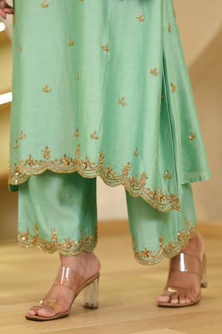 Shop_Hasrat By Salma_Blue Chanderi, Organza Zari, Sequins, Embroidery Floral Zardosi Kurta Set _Online_at_Aza_Fashions